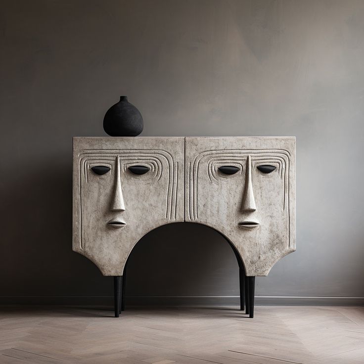 a white cabinet with two faces on it and a black vase sitting on top of it