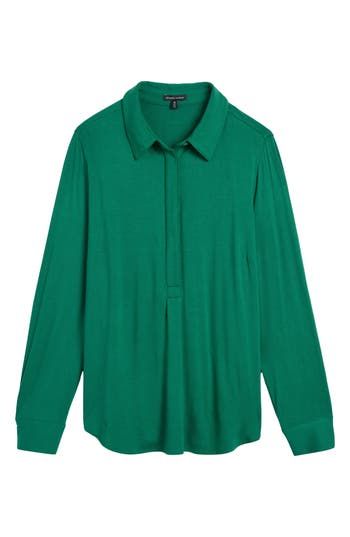 A polo-style collar adds a sporty touch to this popover shirt made from soft jersey so your every move flows effortlessly. 26" length Hidden-button half placket Point collar Long sleeves 95% rayon, 5% elastane Machine wash, dry flat Imported Universal Standard, Popover Shirt, Polo Style, Green Jacket, Nordstrom, Long Sleeves, Collar, Long Sleeve, Green