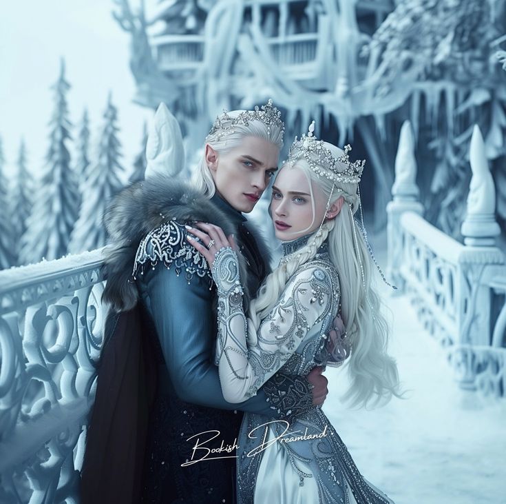 two people dressed as snow queen and prince hugging each other