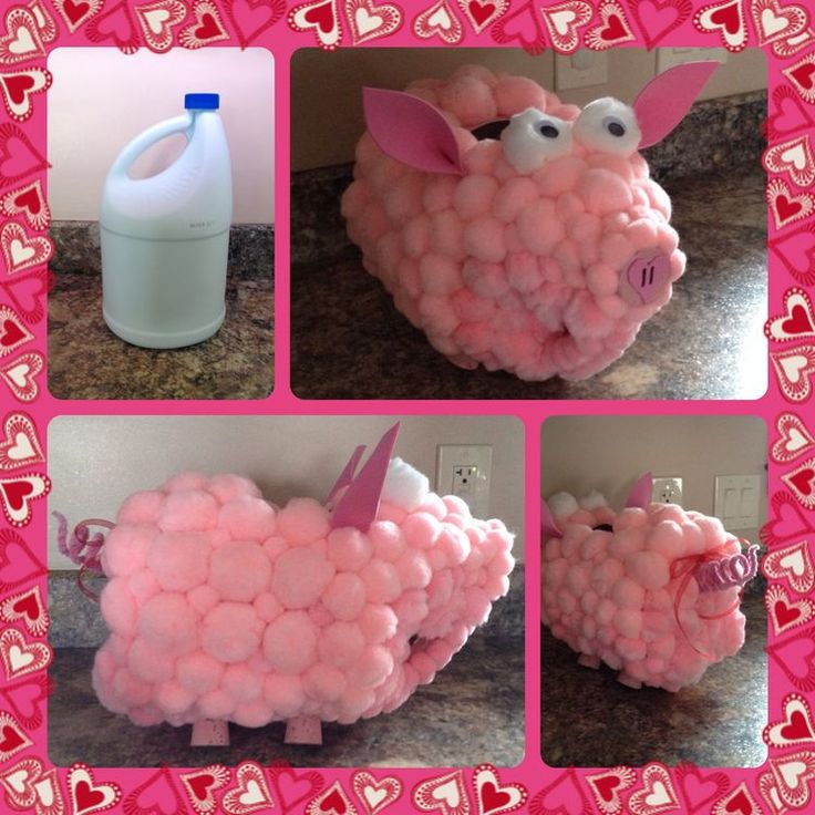 three pictures of pink sheep made out of soap bubbles and plastic bottles with hearts on them