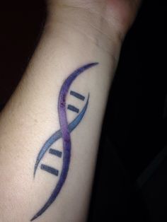 a tattoo on the arm of a person with a blue and purple ribbon around it