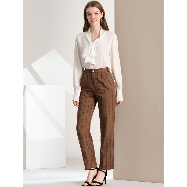 These pants are essential for dressing up or down. Lightweight fabric, covered in a plaid pattern, shapes these trendy trousers with a high-rise fit. How it is a bit high waist and how it gathers at the waist adding shape to the body. You may love everything about these trousers, from their regular fit to the elastic high-waist, which could double as a hiding mechanism for women with love handles. Style these trousers with a crop top and heels for the ultimate look. This fashionable and trendy c Fall Office Wear Straight Dress Pants, Fall Office Wear Dress Pants, Fall Office Lady Pants For Workwear, Office Wear Straight Dress Pants For Fall, Office Wear Straight Pants, Office Straight Dress Pants For Fall, Office Dress Pants For Fall, Elegant Ankle-length Dress Pants For Office In Fall, Elegant Fall Office Wear Ankle-length Dress Pants