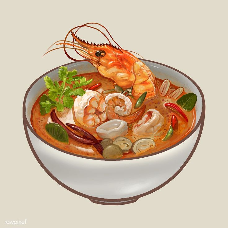 a white bowl filled with soup and shrimp on top of a red table next to a brown wall