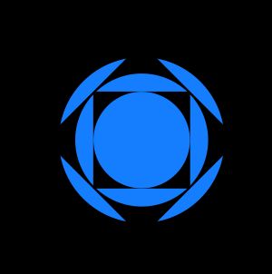 a blue circular logo on a black background