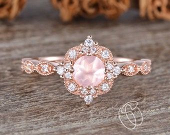 Exquisite Pink Round Rings, Pink Gold Halo Setting Ring, Pink Gold Rings With Halo Setting, Pink Round Halo Wedding Ring, Pink Round Halo Ring For Wedding, Exquisite Rose Gold Rings With Halo Design, 14k Rose Gold Ring With Center Stone, 14k Rose Gold Jewelry With Center Stone, Pink Gold Round Halo Jewelry