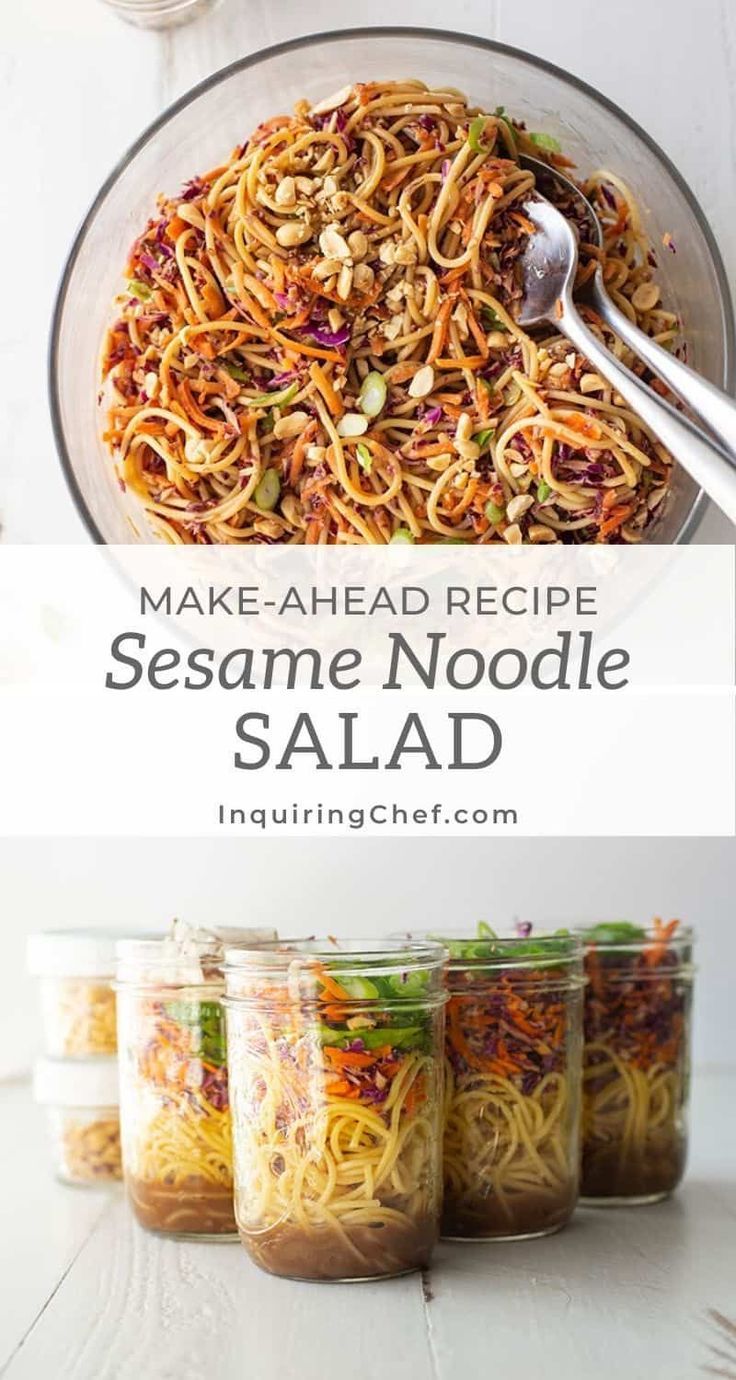 the recipe for sesame noodle salad is shown in mason jars with spoons next to it