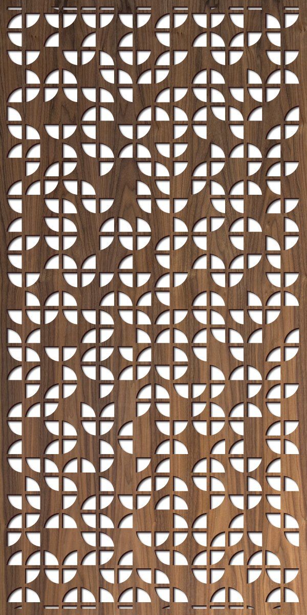 an intricate wooden panel with white circles and leaves on it's sides, as well as