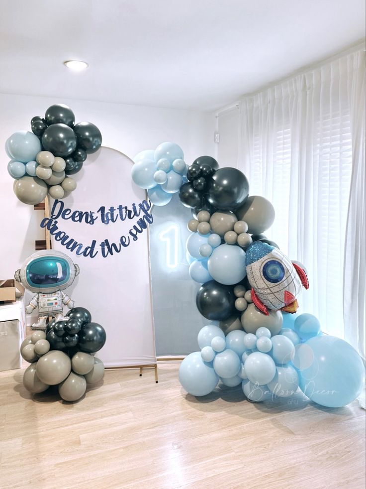 First trip around the sun balloon decor 👩🏼�‍🚀🚀 First Trip Around The Sun Balloons, First Trip Around The Sun Balloon Arch, First Trip Around The Sun Backdrop, First Trip Around The Sun Birthday Party Decor, 1st Trip Around The Sun Birthday Party, First Trip Around The Sun Birthday Party, Sun Balloon, 1st Trip Around The Sun, Astronaut Theme