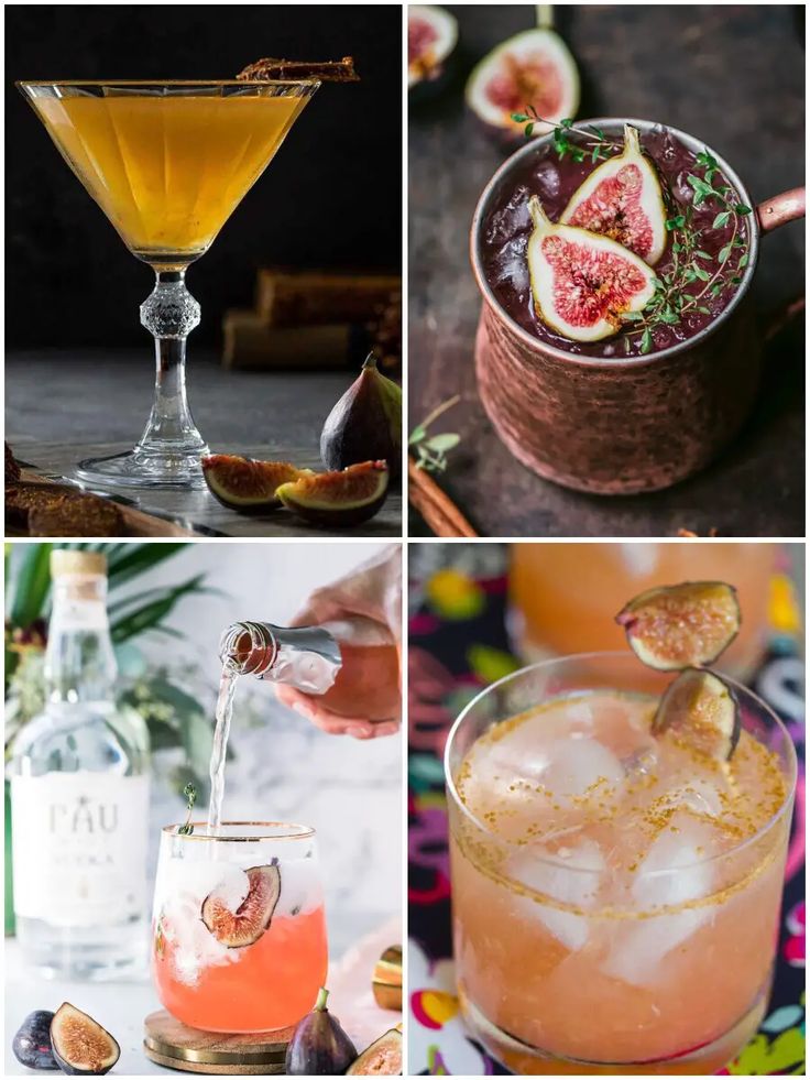 four different cocktails are shown in this collage