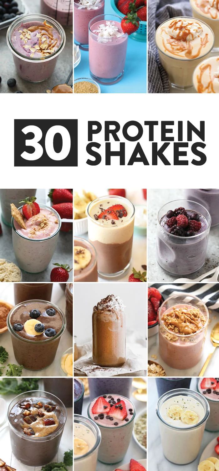 the cover of 30 protein shakes is shown with pictures of different foods and desserts