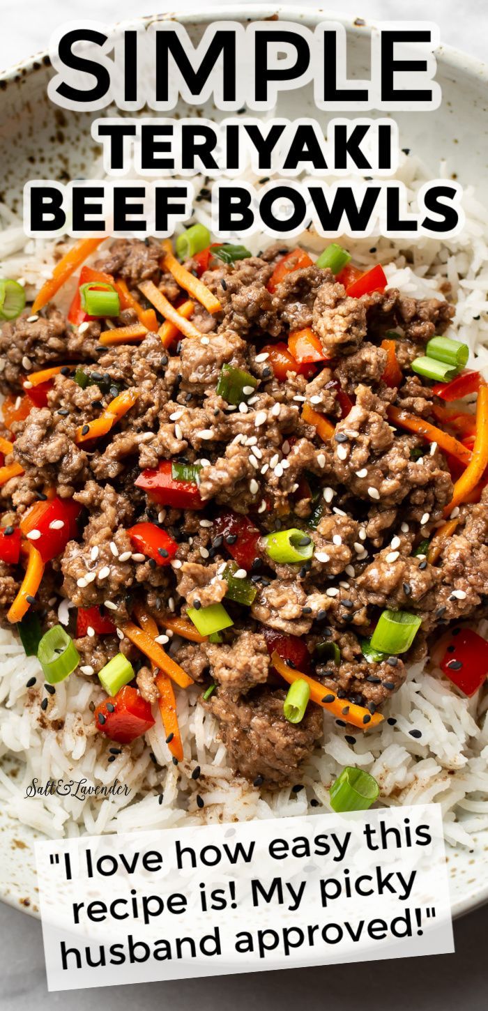 the recipe for simple teriyaki beef bowls is shown on a plate with rice and vegetables