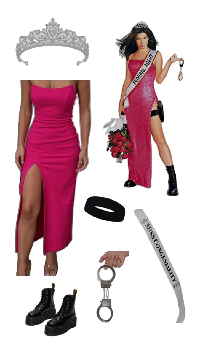 a woman in a pink dress and accessories including a tiara, handcuffs, keychain, belt, shoelaces