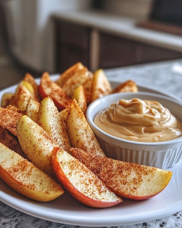 an apple slice with cinnamon dip on a plate next to some french fries and crackers