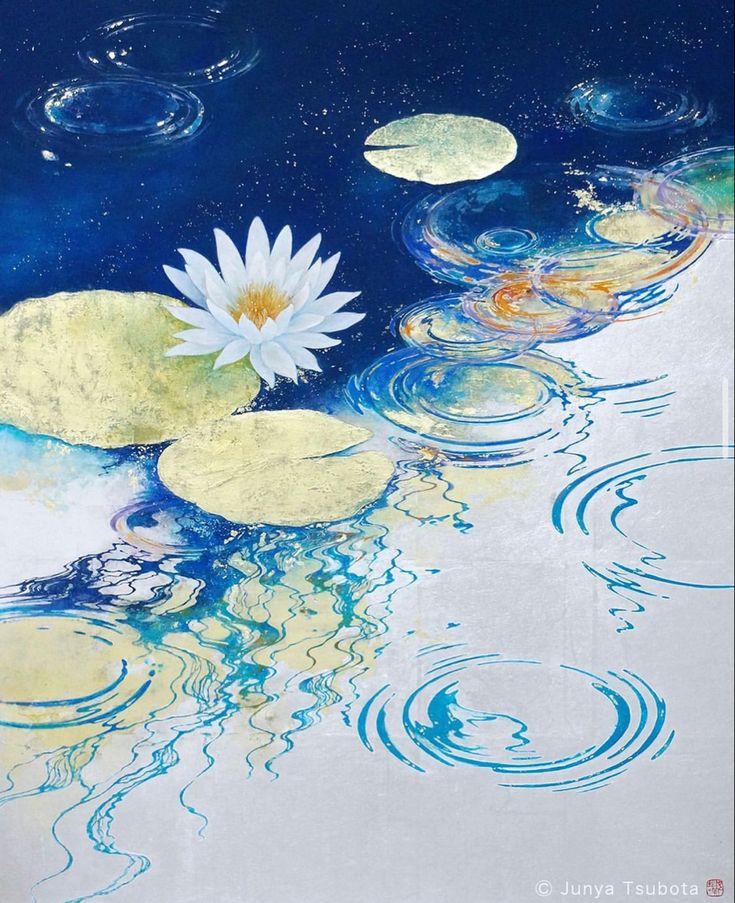 a white flower floating on top of water surrounded by lily pads and bubbles in the air