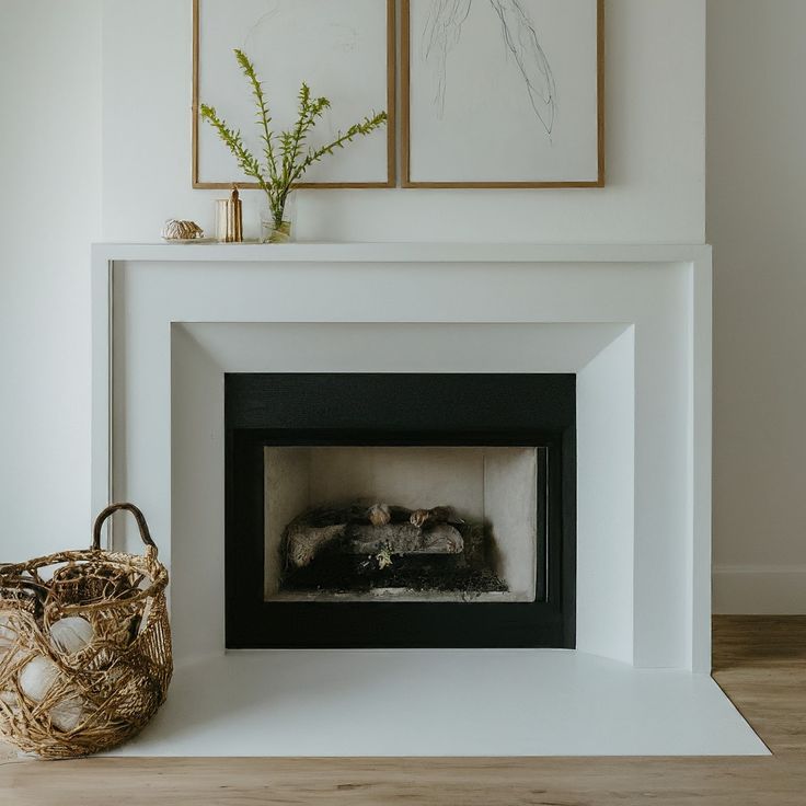 a fire place with a basket and pictures on the wall