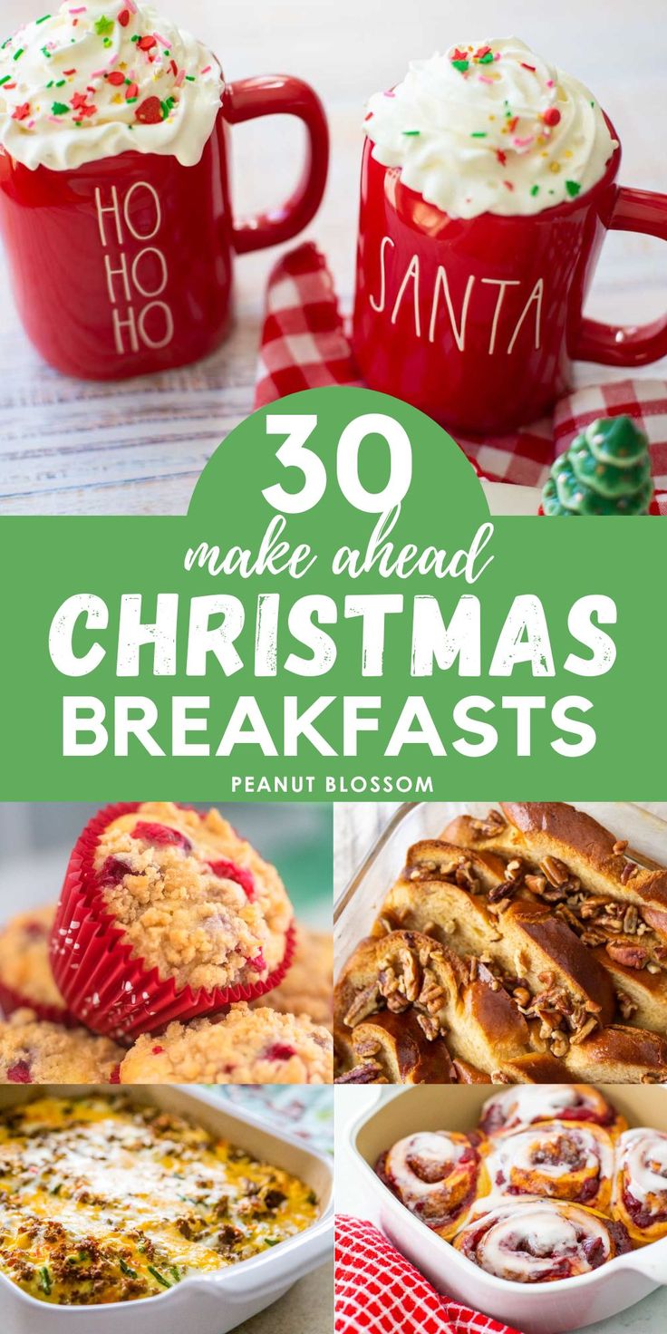 some christmas breakfasts are in red mugs with white frosting and green lettering