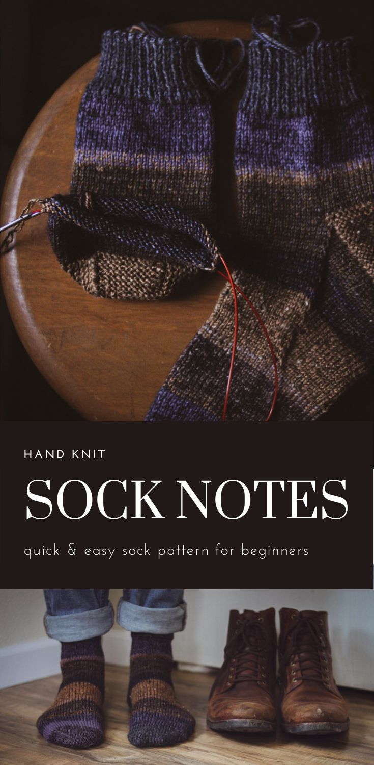 Two photos. The top photo is a pair of purple, gold, and brown wool socks being knit up, with a pair of circular knitting needles running holding live stitches. The second photo is of the finished socks being worn by a man standing next to his leather boots. Sock Wool Knitting Patterns, Knitted Socks Free Patterns, Sock Yarn Knitting Patterns Free, Free Sock Knitting Patterns For Beginners, Sport Yarn Knitting Patterns, Patons Sock Patterns, Sock Knitting Patterns Circular Needle, Beginner Knitted Socks, Simple Socks Knitting Pattern