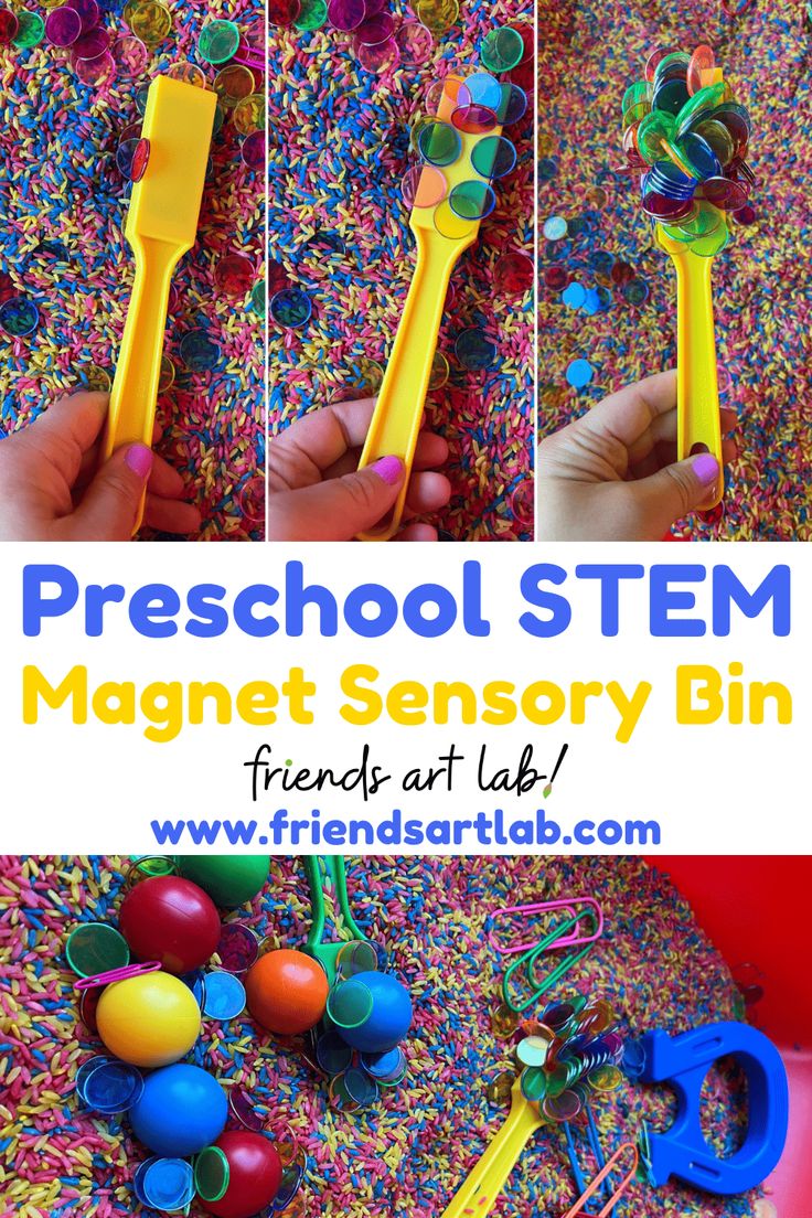 Science Sensory Bins Preschool, Sensory Theme Preschool, Sensory Bin Themes For Preschool, Art Themed Sensory Bin, Preschool Stem Bins, Inexpensive Sensory Bins, Stem Sensory Bins, Playdough Sensory Bin, I Spy Sensory Bin