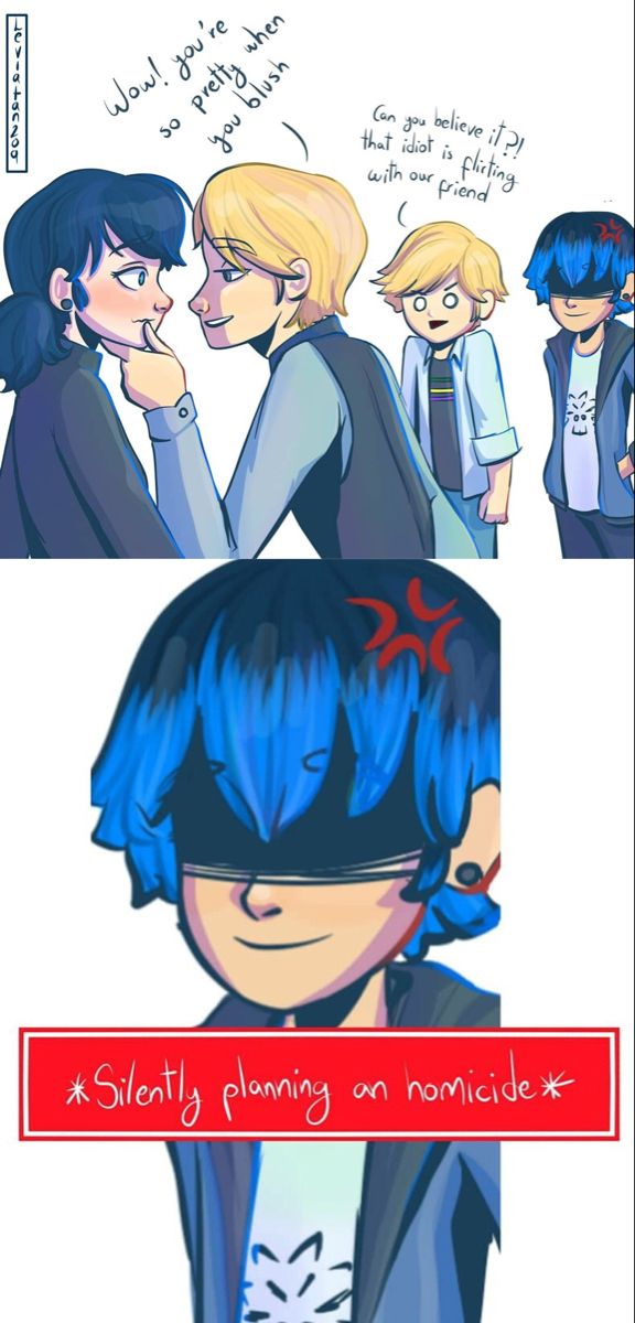 some cartoon characters with blue hair and one is talking to the other person in front of them