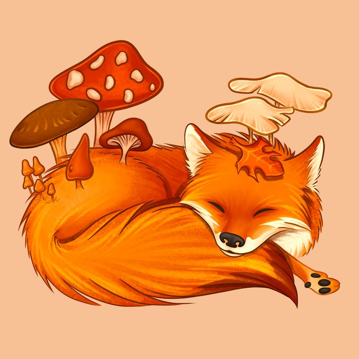 an illustration of a fox sleeping with mushrooms on its back