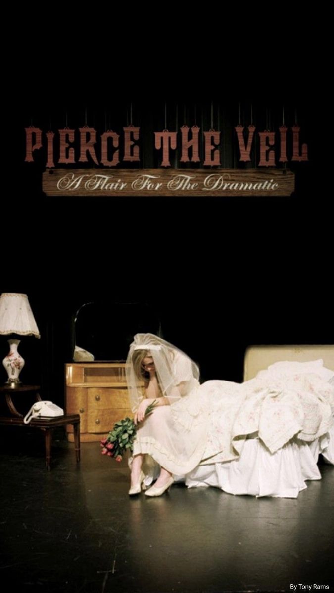 a woman in a wedding dress sitting on a bed with the words pierce the veil above her head