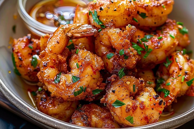 a bowl filled with cooked shrimp and dipping sauce