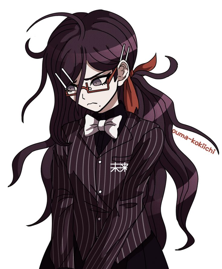 an anime character with long hair wearing glasses and a bow tie, standing in front of a