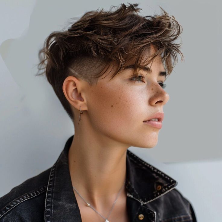 Womens Short Mullet Hairstyles, Short Mowhak Hairstyle Woman, Short Haircuts With Undercut, Masc Haircuts Short, Short Haircuts Androgynous, Nonbinary Short Hair, Short Lesbian Haircut, Big Cheeks Haircut, Short Hair Shaved Sides Women