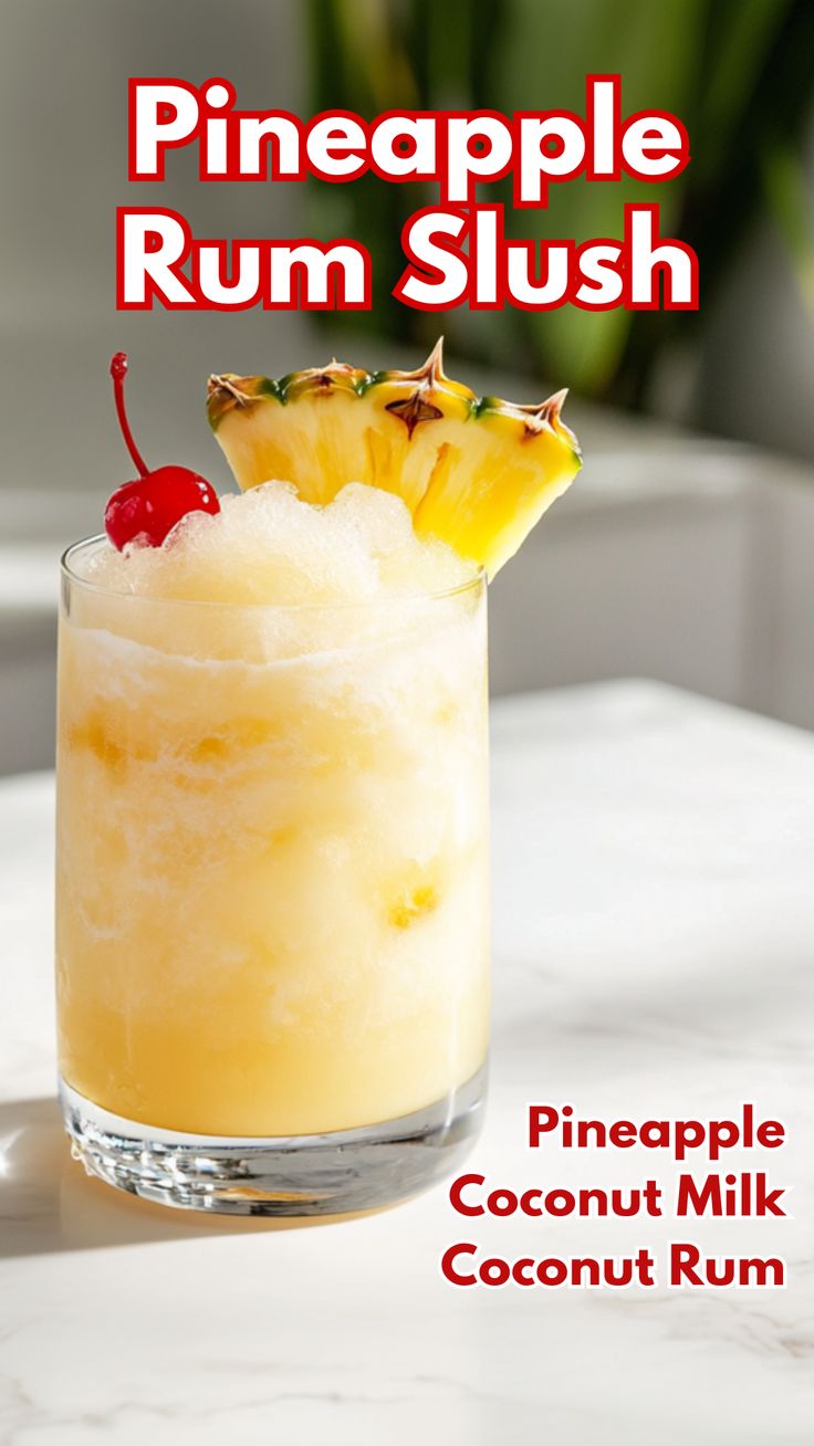 The Pineapple Rum Slush is a creamy and tropical frozen cocktail that blends fresh pineapple chunks with coconut rum and coconut milk for a rich, indulgent flavor. Topped with a pineapple slice and maraschino cherry, this slush is perfect for a refreshing escape to paradise in a glass.  #pineapplerumslush #pineapplecocktails via @mybartender Slushie Cocktails, Pineapple Rum Slush, Coconut Rum Cocktails, Pineapple Rum Drinks, Pineapple Cocktails, Cocktail Cards, Ice Pop Recipes, Slush Recipes, Frozen Cocktail