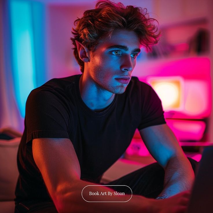 a man sitting in front of a laptop computer with his hand on the keyboard and looking at the screen