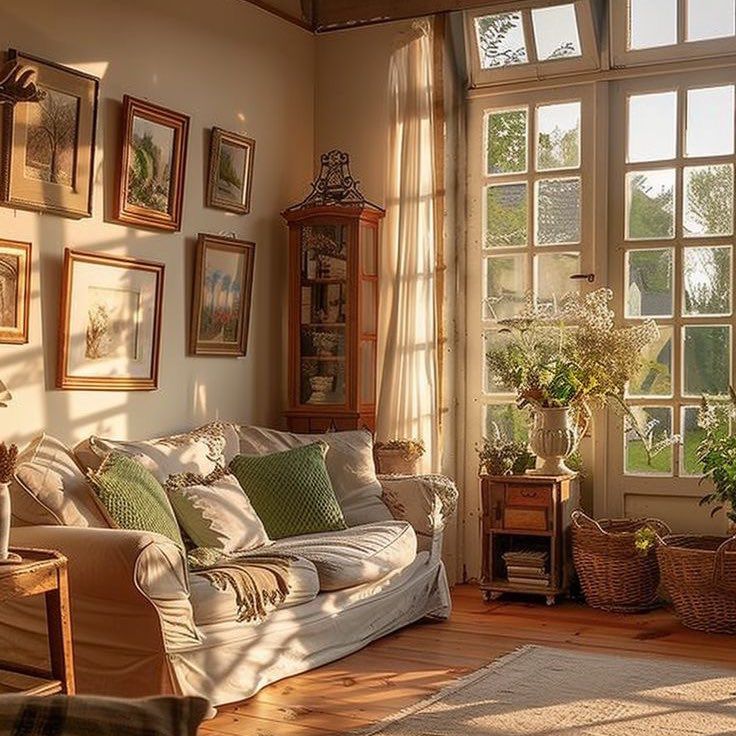 a living room filled with lots of furniture next to a window covered in pictures and plants