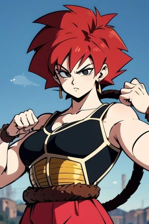 an anime character with red hair and black outfit holding his hands on his hips while standing in front of a blue sky