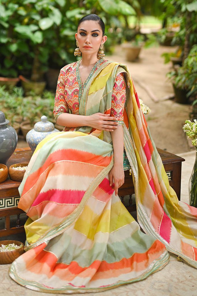 Rehaab – Sania Maskatiya International Designer Multicolor Printed Motif Anarkali Set, Designer Multicolor Anarkali Set With Printed Motifs, Designer Anarkali Set With Printed Motifs, Designer Anarkali Set With Multicolor Printed Motifs, Multicolor Silk Pre-draped Saree With Zari Work, Designer Multicolor Pre-draped Saree With Gota Work, Transitional Multicolor Cotton Silk Anarkali Set, Navratri Multicolor Pre-draped Saree With Gota Work, Multicolor Anarkali Style Pre-draped Saree With Printed Motifs