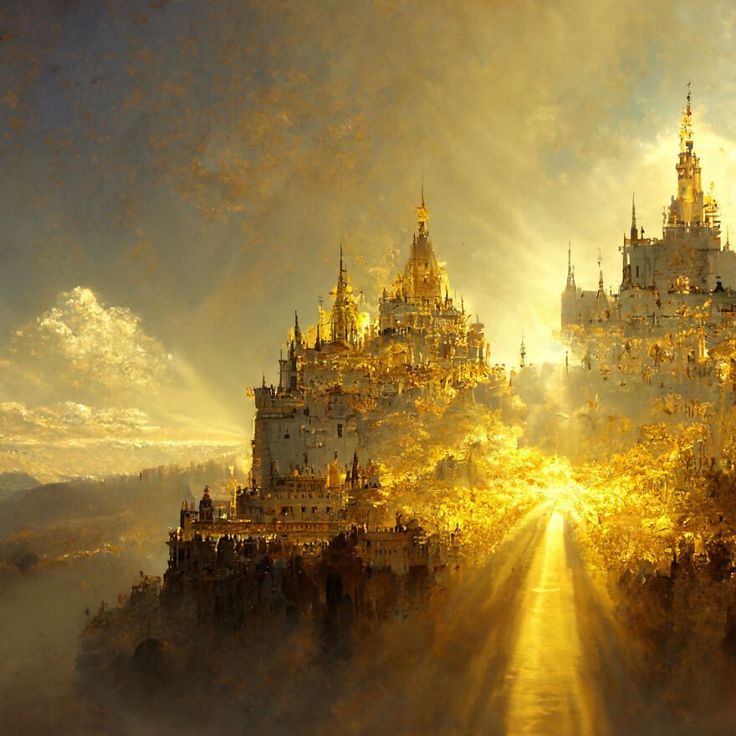 an image of a castle in the sky with sun rays coming out from behind it