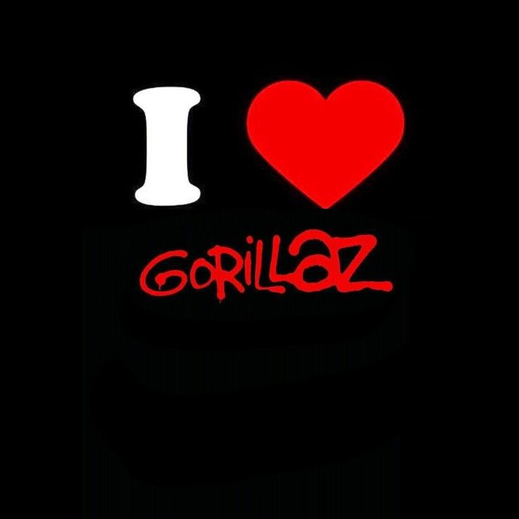 i love gorillaz sticker on the back of a cell phone with red and white lettering