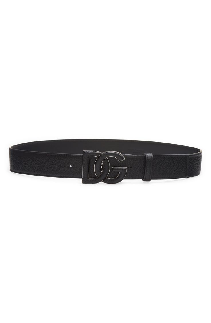 An oversized leather-filled logo buckle bring signature D&G panache to this Italian-made belt in smooth calfskin. Leather Made in Italy Black Leather Belt Buckle With Metal Logo, Luxury Black Belt Buckles With Logo Plaque, Classic Black Belt With Logo, Luxury Leather Belt With Metal Logo, Designer Black Belt With Logo Plaque, Classic Black Belt With Metal Logo, Designer Leather Belt With Logo Plaque, Designer Leather Belt Buckles With Logo, Designer Leather Belt Buckles With Metal Logo