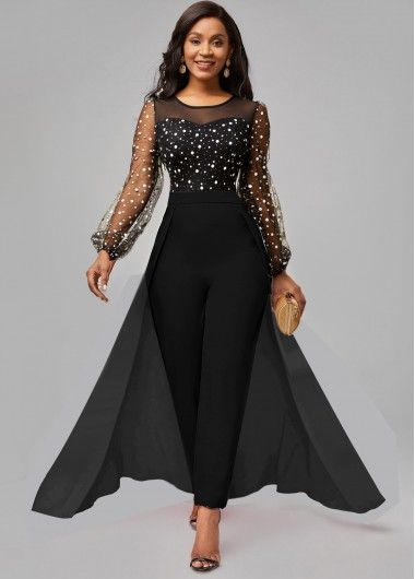 Color:Black;Size:S;Size:M;Size:L;Size:XL;Size:XXL;Package Contents:1 X Jumpsuit;Occasion:Other;Style:Bohemian; Twofer Dress, Sheer Long Sleeve Dress, Round Neck Dresses, Plus Size Jumpsuit, Type Of Pants, Samoa, Formal Party, Sheer Sleeves, Black Knit