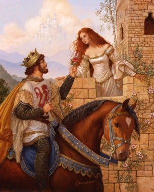 a painting of a man riding on the back of a horse next to a woman