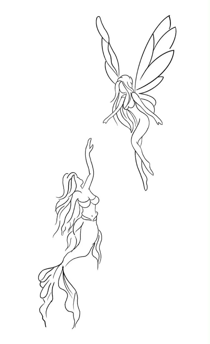 a drawing of a fairy flying next to a mermaid