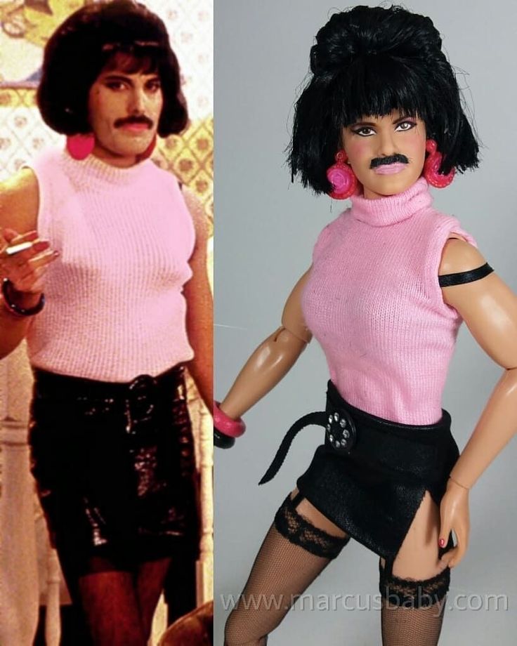 two pictures of barbie dolls one is wearing a pink sweater and the other has black stockings