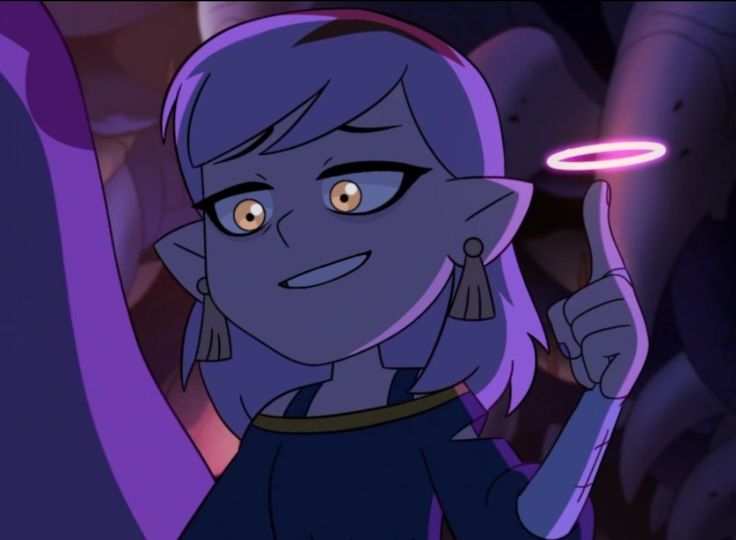 an animated image of a woman with purple hair holding a wand and pointing to the side