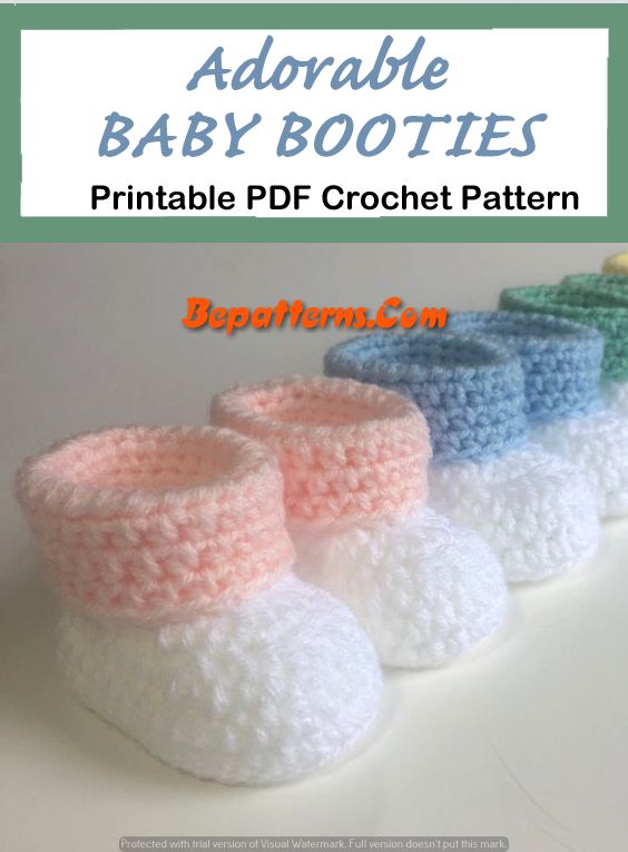 four crocheted baby booties are lined up on a white surface with the words, adorable baby boots printable pdf crochet pattern