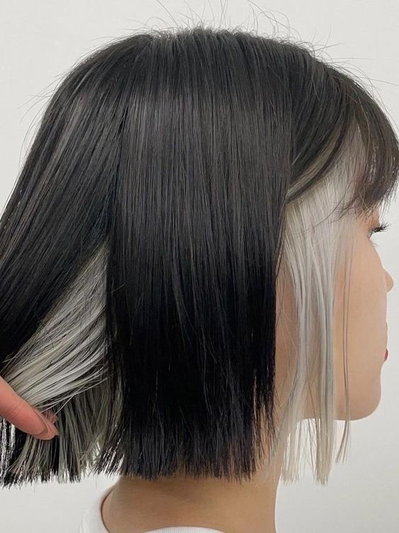 Korean Secret Two-Tone Hair (Ear-Highlighting) Shalt Hairstyle, Peek A Boo Hair Short, Inner Hair Color, Short Haircut And Color, Undercolor Hair Ideas, Bob Hairstyle Ideas, Colors Korean, Toned Hair, Korean Hairstyles