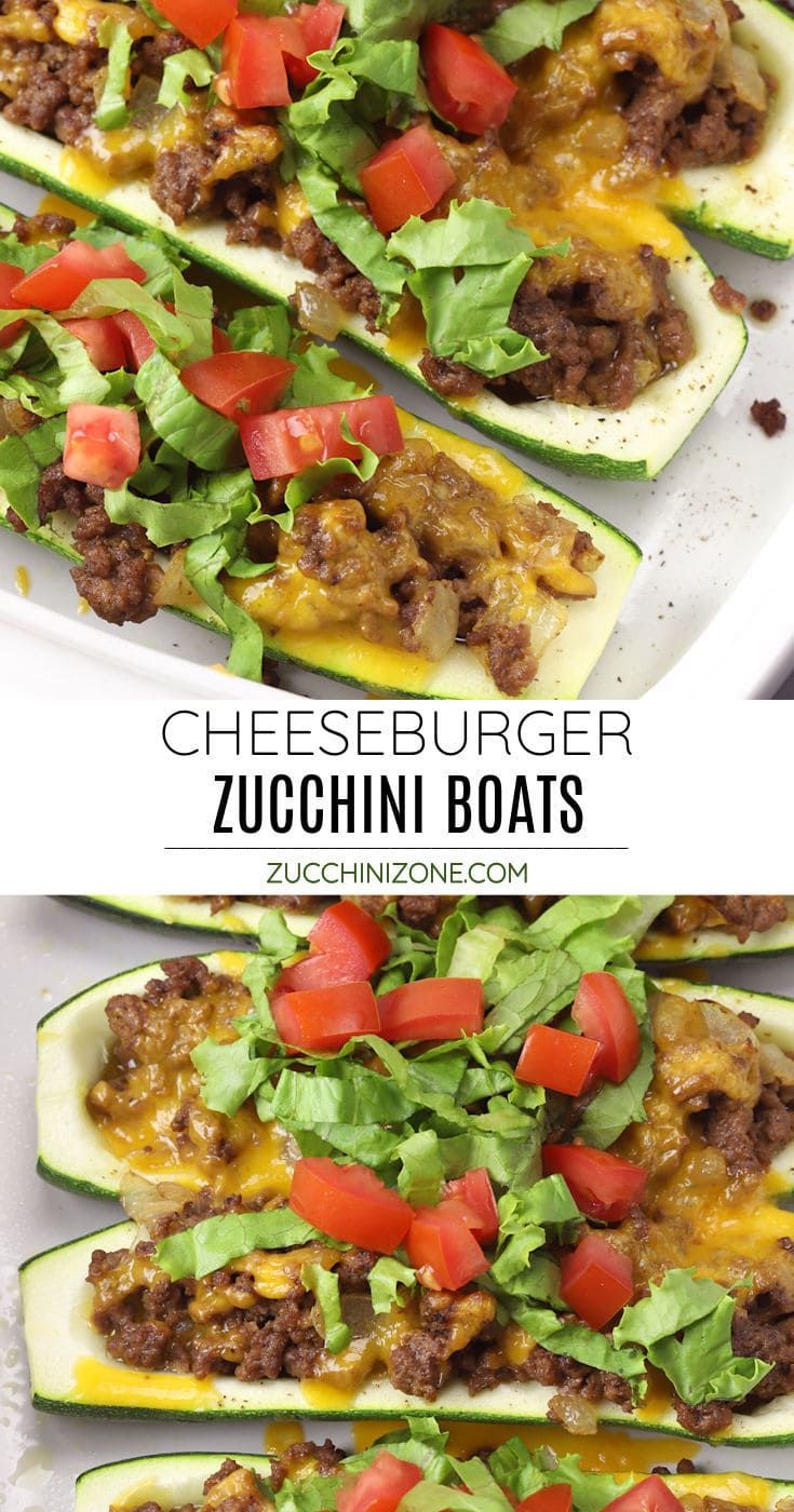 cheeseburger zucchini boats are loaded with meat, tomatoes and lettuce