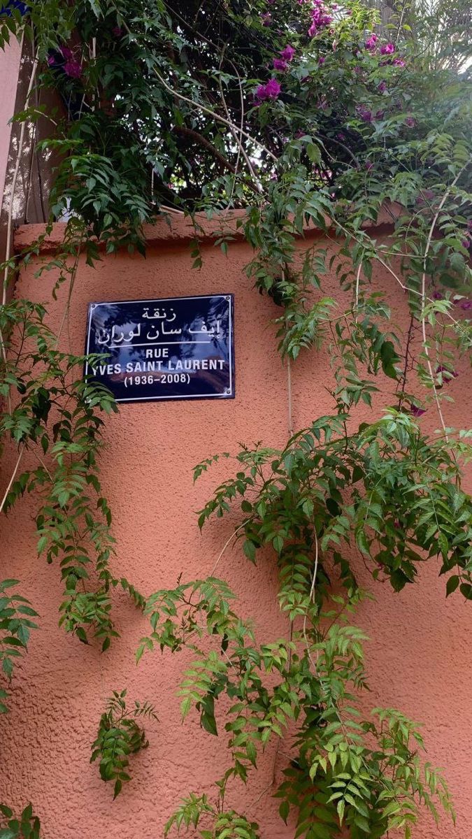 there is a blue sign on the side of a building that has plants growing out of it