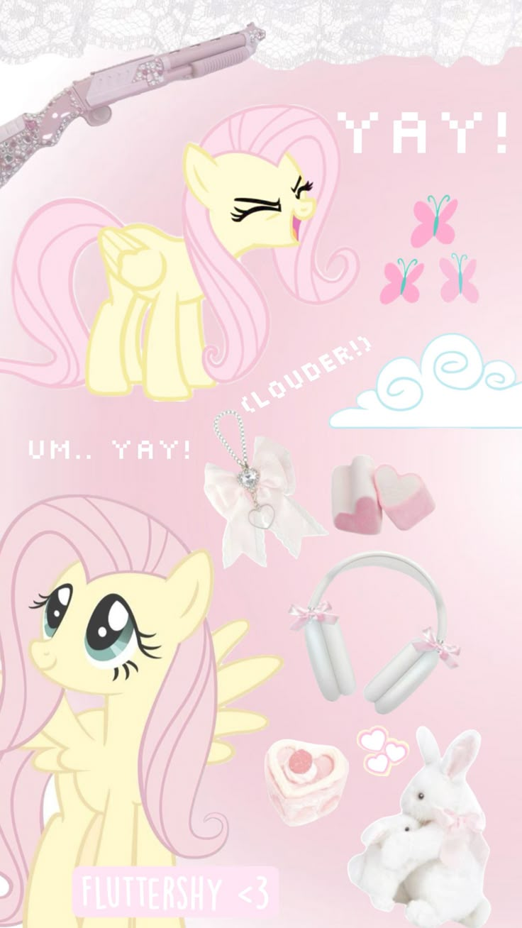 the pink pony is surrounded by other items