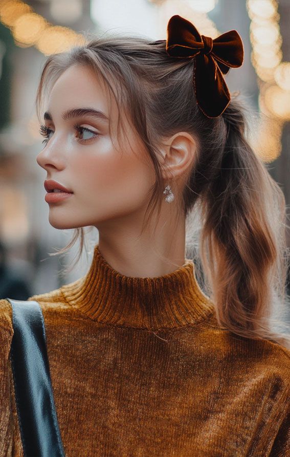 Effortless Elegance Ponytail with Velvet Bow, cute and easy hairstyle, quick and easy hairstyle, effortless hairstyles, effortless bob hairstyles, braided bob hairstyle Easy High Bun, Hairstyles Effortless, Effortless Bob, Easy And Quick Hairstyles, Pantone Wedding Colors, Braided Bob, Hairstyles For Seniors, Amber Hair, Burnt Orange Velvet