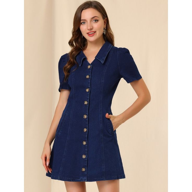 This dress with denim design that features collared and vintage bubble short sleeves. Sweet and feminine, the mini dress shows off your casual wearing style. A full-button placket makes you more comfortable when you wear it. Suitable for Work, Shopping, Dating, Casual, Coffee Shop, etc. Perfectly pair with your pretty sandals and simple handbag for a casual look. A good choice to wear it for a sweet date. Fitted Collared Denim Dress, Short Sleeve Denim Mini Dress With Pockets, Denim Mini Dress With Pockets And Short Sleeves, Trendy Denim Mini Dress With Short Sleeves, Casual Short Sleeve Denim Blue Mini Dress, Fitted Collared Denim Dress With Buttons, Fitted Collared Denim Dress With Buttoned Pockets, Retro Mini Dress With Button Closure, Short Sleeve Denim Dress With Pockets