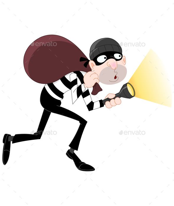 a cartoon thief running with a flashlight in his hand