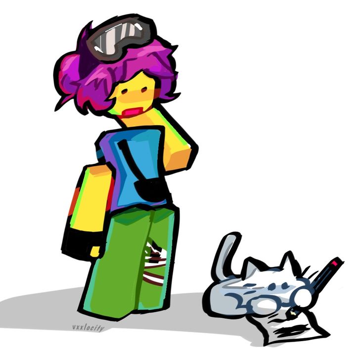 a drawing of a person standing next to a cat with goggles on their head